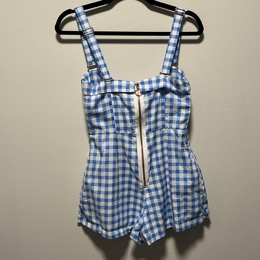 FOR LOVE AND LEMONS Gingham Blue Dixie Bow Romper, Size S - Picture 12 of 15
